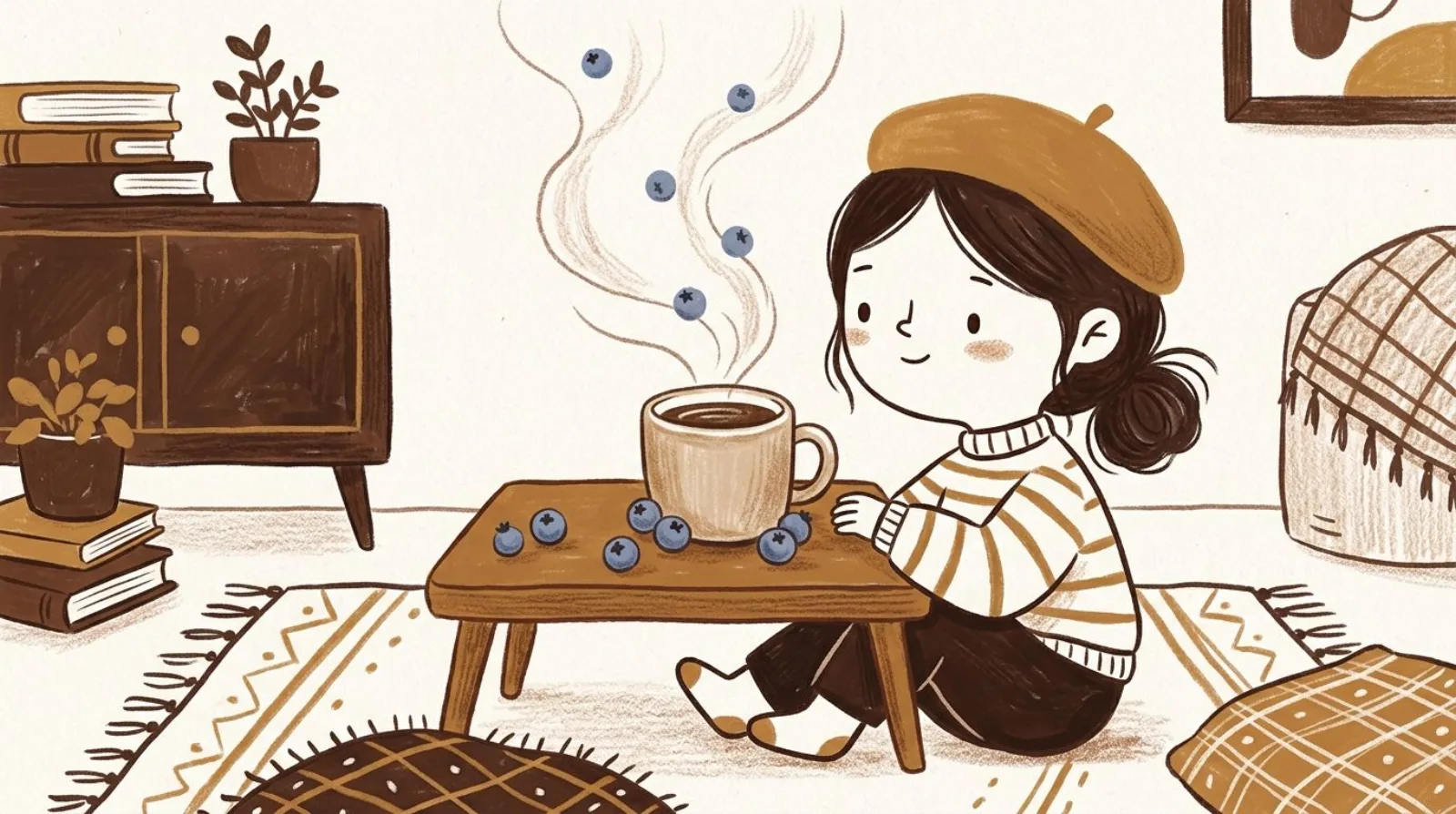 Illustration of a girl in a caramel beret beside a steaming mug of coffee with blueberries scattered around it