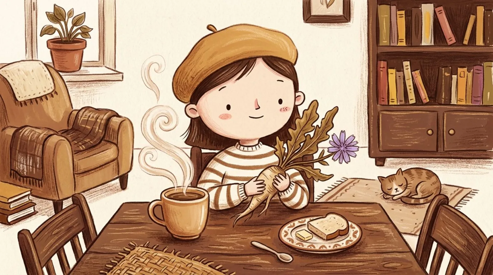 Illustration of a girl in a caramel beret beside a steaming mug of chicory coffee with a chicory root