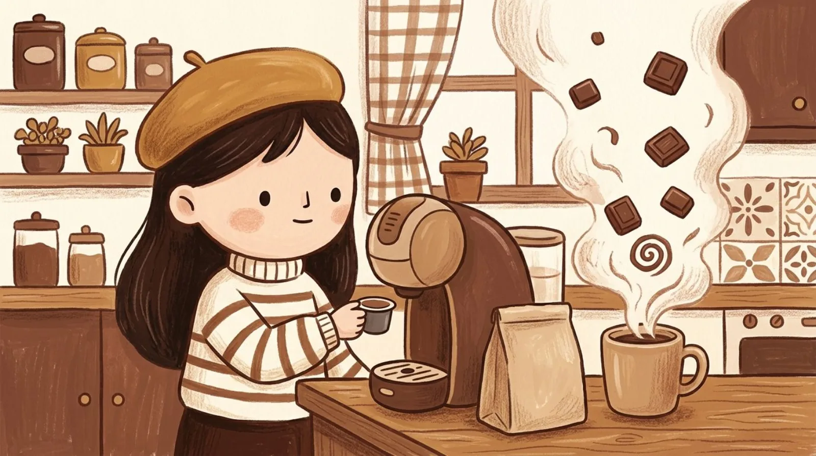 Illustration of a girl in a caramel beret loading a coffee pod into a rounded brewer, chocolate squares drifting above the steaming mug
