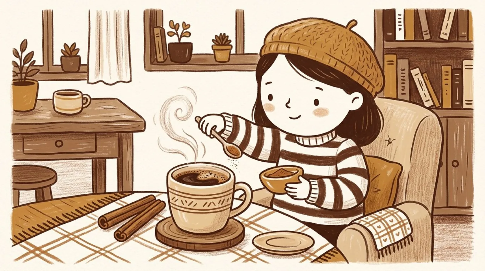 Illustration of a girl in a caramel beret sprinkling cinnamon over a steaming mug beside cinnamon sticks