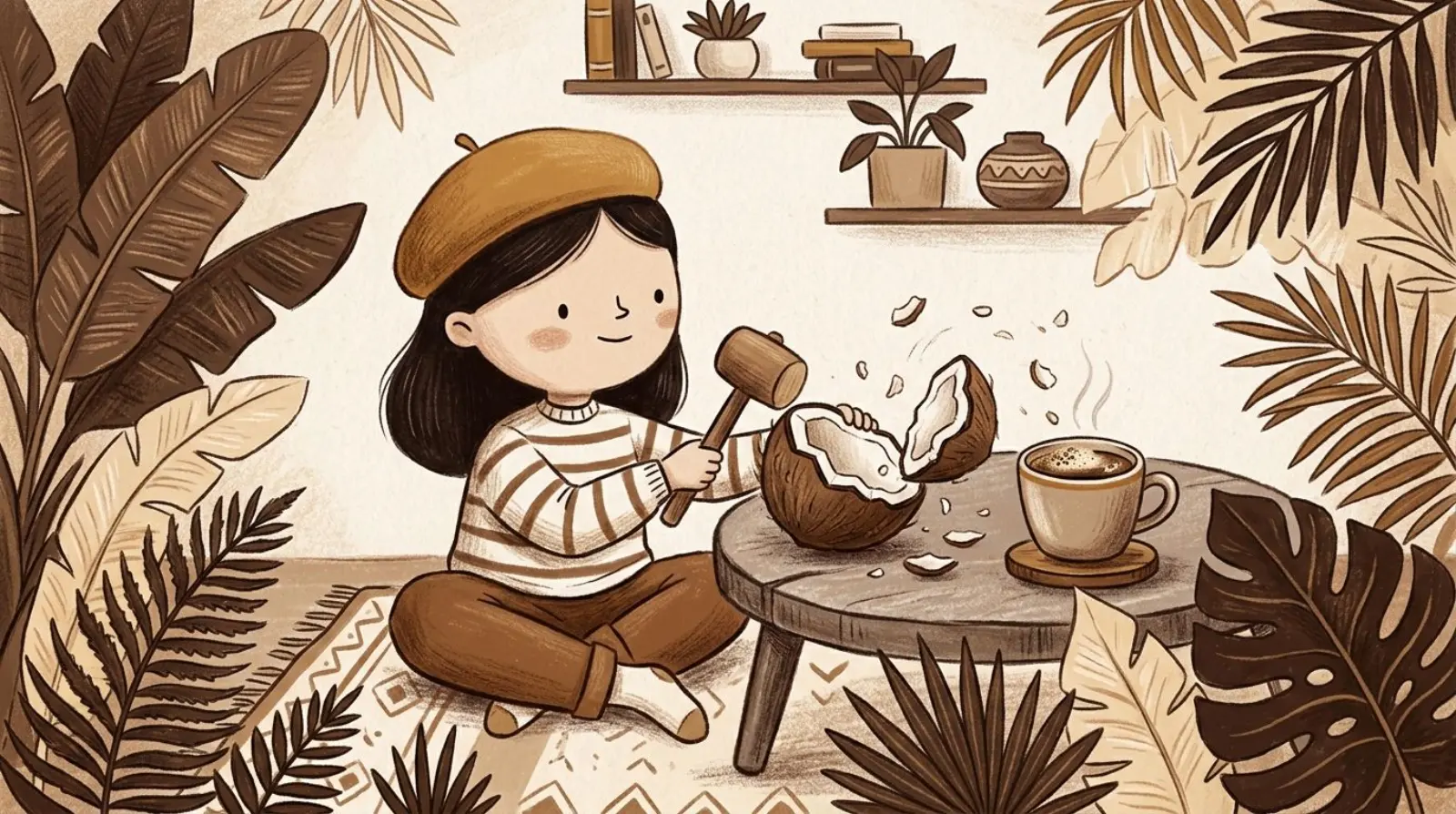 Illustration of a girl in a caramel beret cracking open a coconut beside a steaming mug of coffee