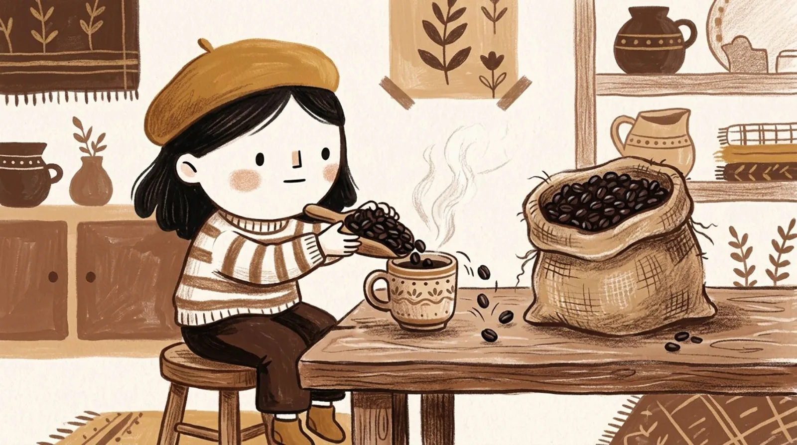 Illustration of a girl in a caramel beret scooping dark roast coffee beans into a steaming mug