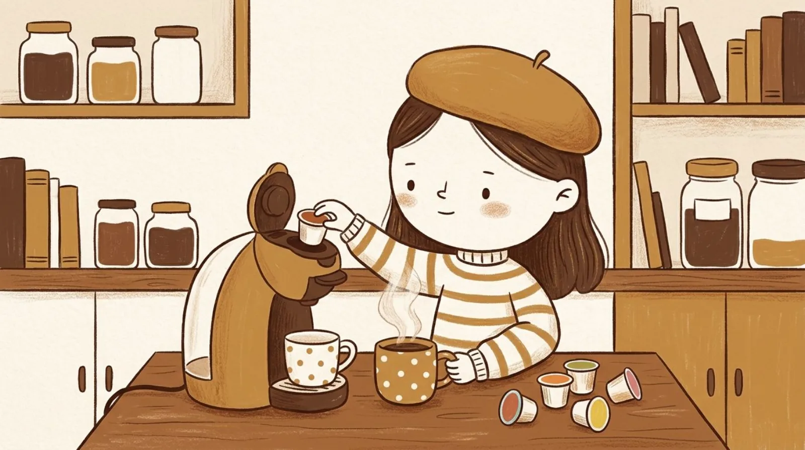Illustration of a girl in a caramel beret loading a coffee pod into a brewer with flavored pods scattered nearby