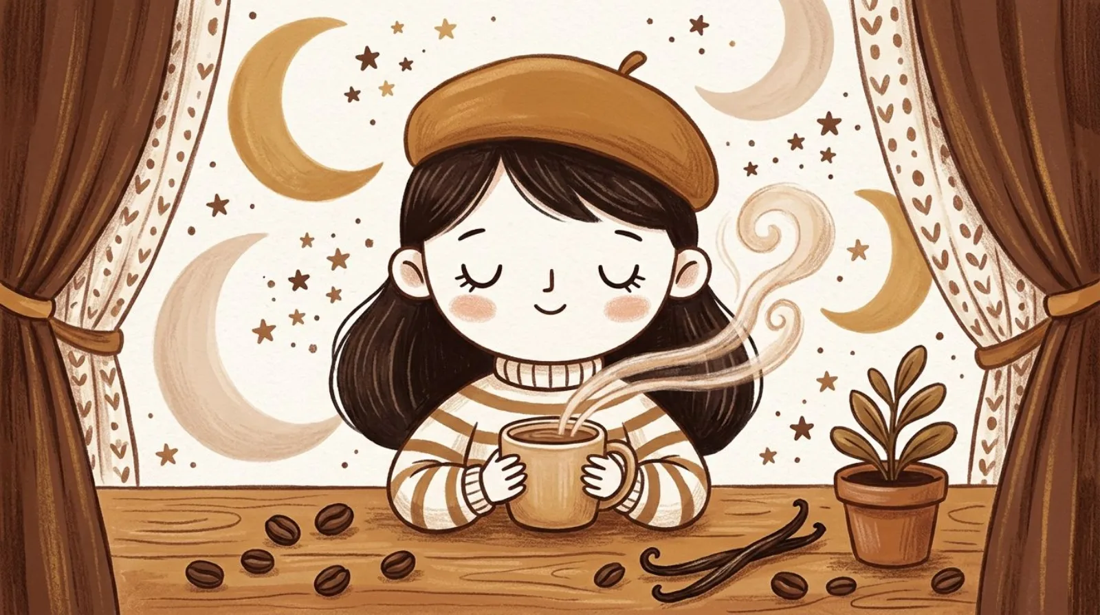 Illustration of a girl in a caramel beret sipping decaf coffee under a crescent moon