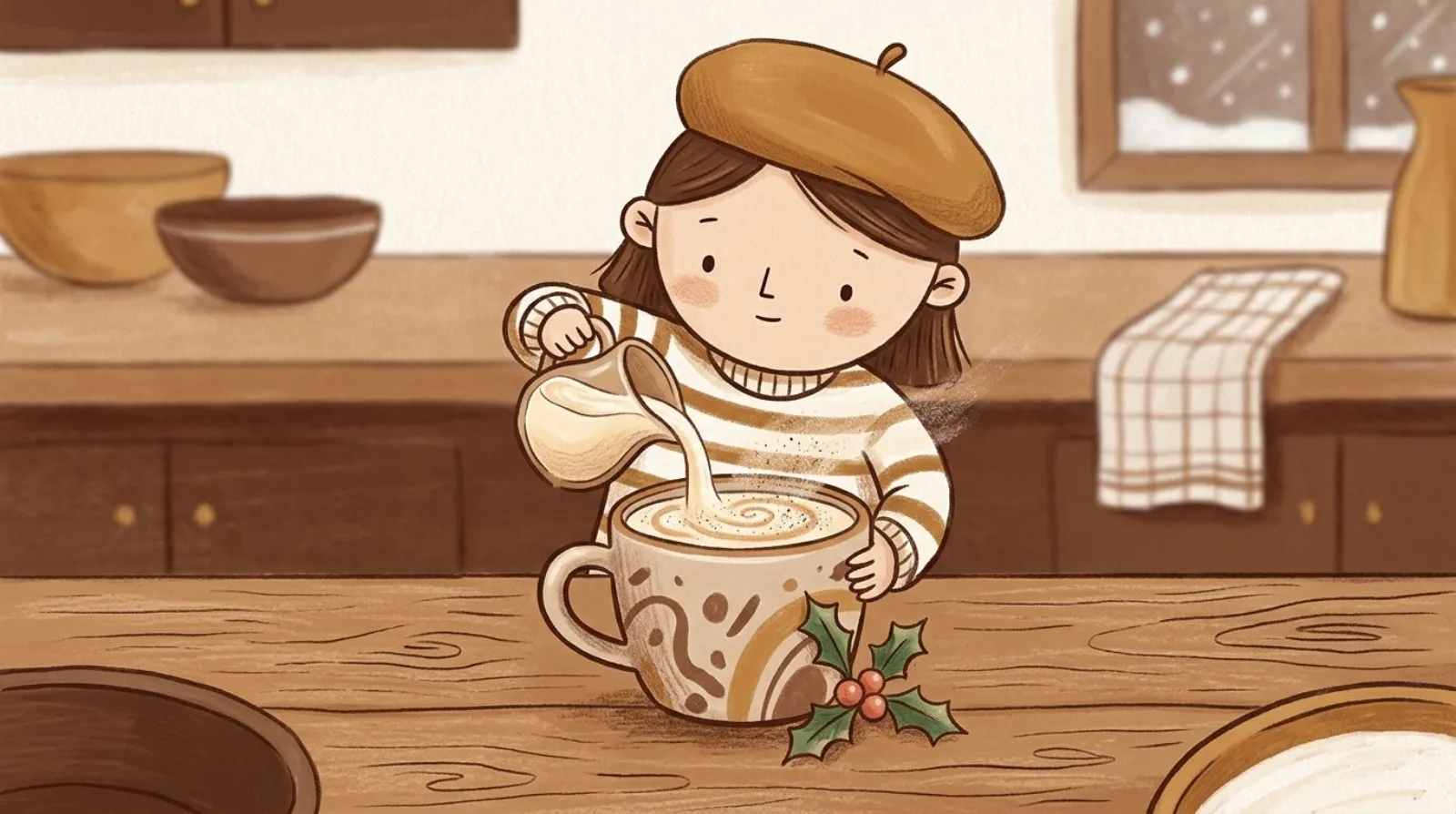 Illustration of a girl in a caramel beret pouring a creamy eggnog swirl into a mug beside a sprig of holly