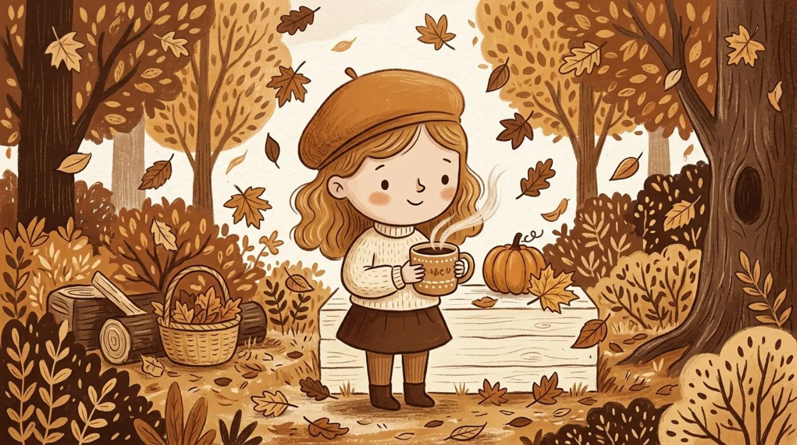 Illustration of a girl in a caramel beret enjoying fall flavored coffee among autumn leaves