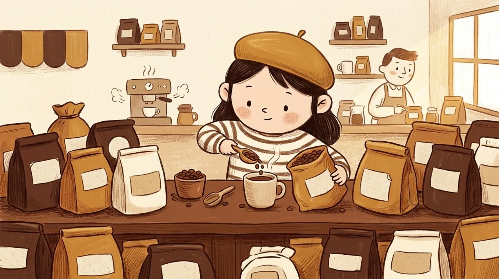 Illustration of a girl in a caramel beret scooping coffee beans among rows of flavored coffee bags