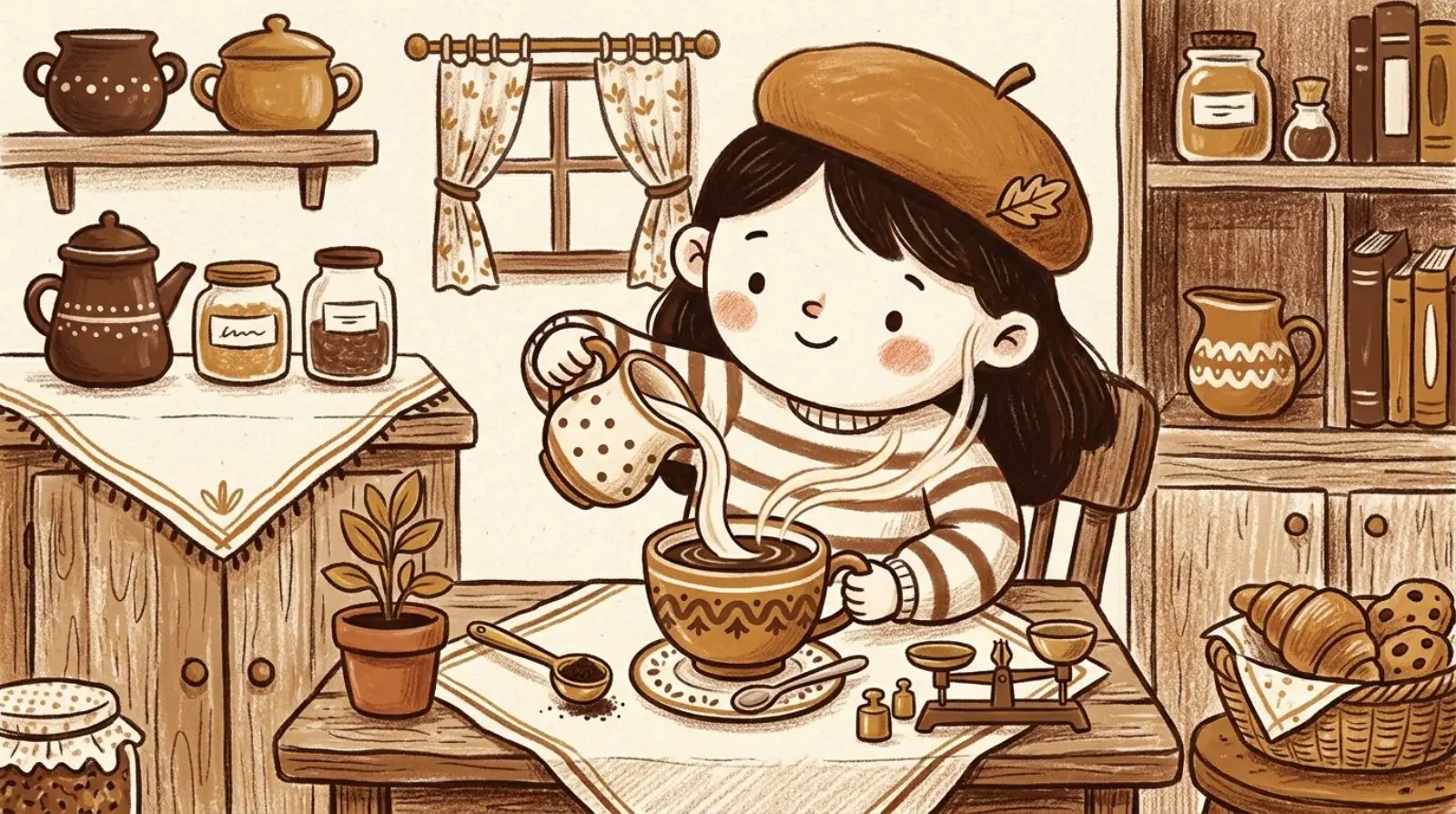 Illustration of a girl in a caramel beret pouring creamer into a mug beside a small kitchen scale
