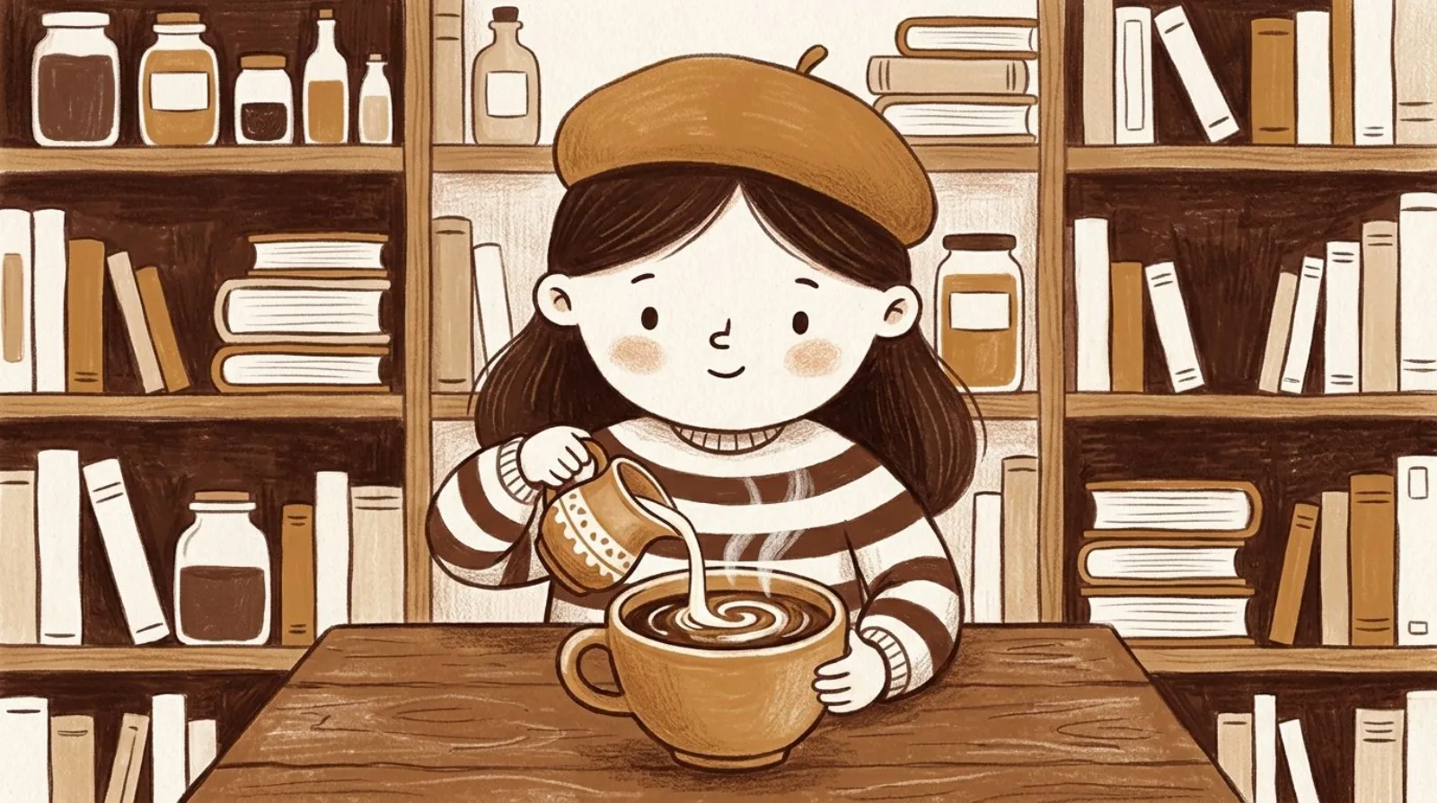 Illustration of a girl in a caramel beret pouring cream into a steaming mug of coffee