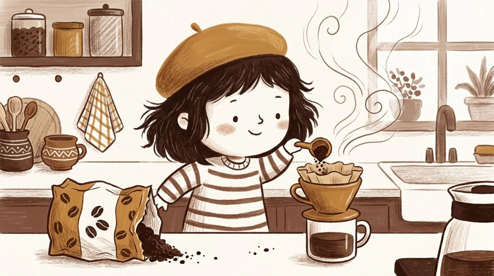 Illustration of a girl in a caramel beret pouring flavored coffee grounds into a filter basket