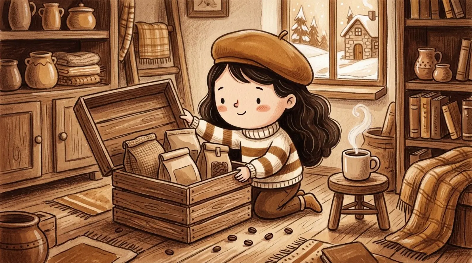 Illustration of a girl in a caramel beret opening a crate of flavored coffee sampler bags