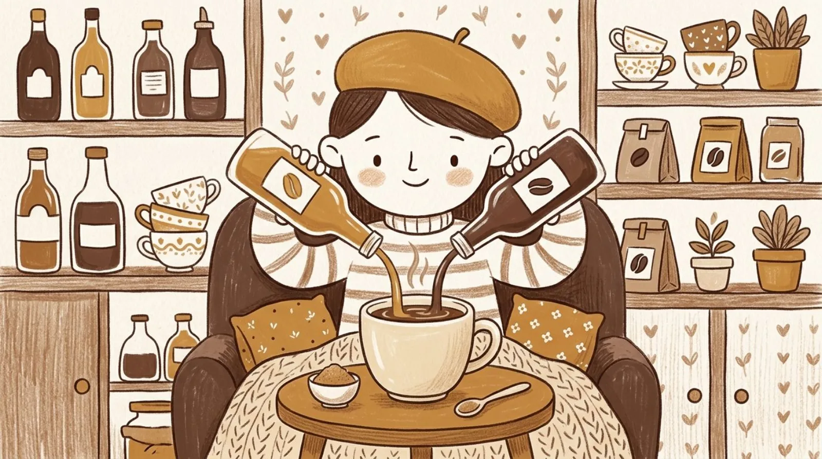 Illustration of a girl in a caramel beret drizzling syrup from a tall bottle into a steaming mug beside more syrup bottles