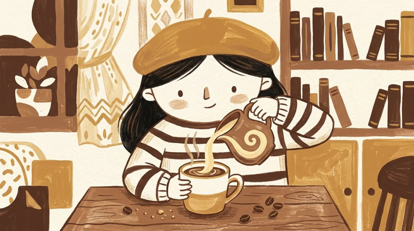 Illustration of a girl in a caramel beret pouring vanilla swirl into a steaming mug of coffee