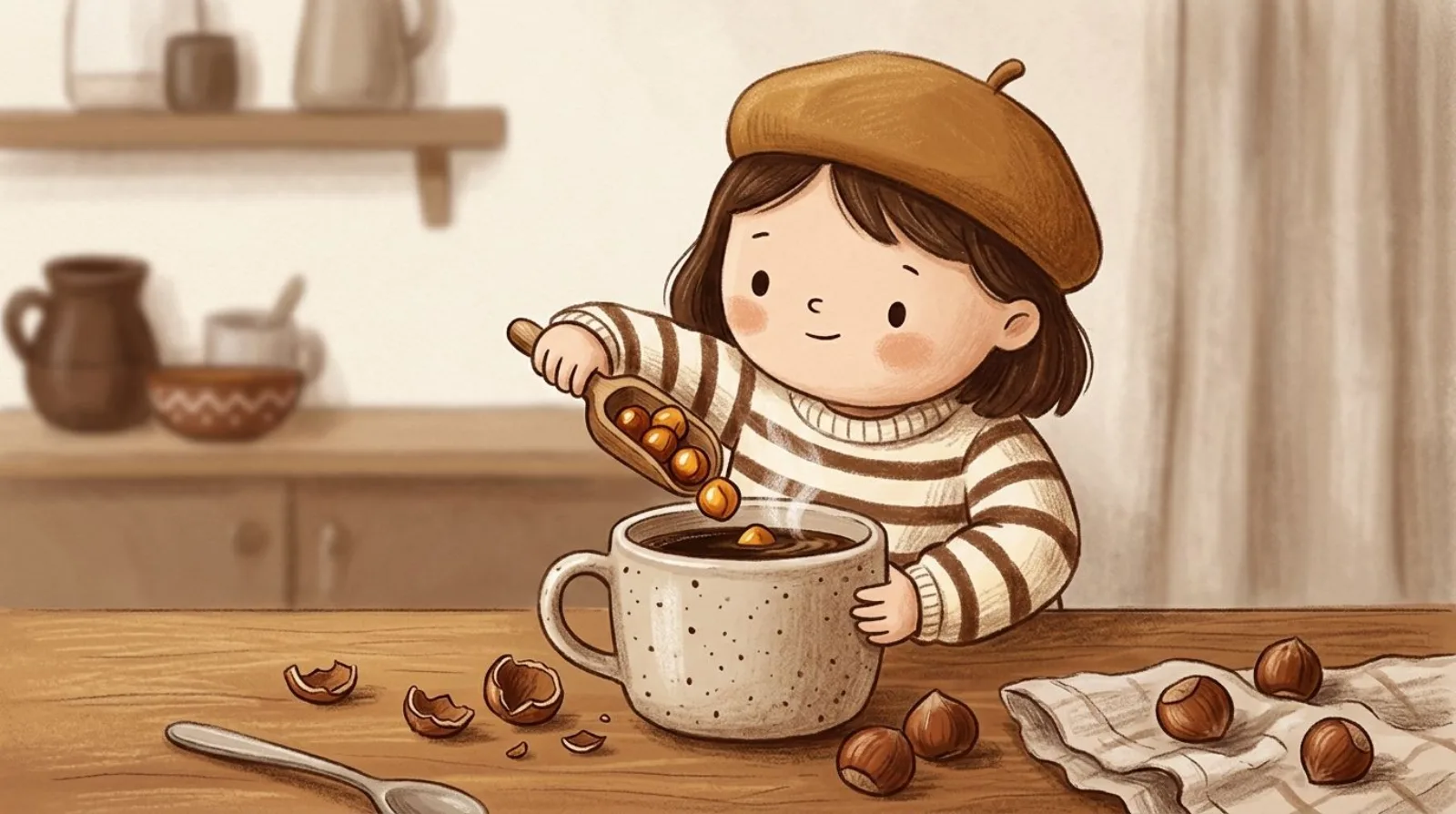 Illustration of a girl in a caramel beret pouring toasted hazelnuts over a mug of coffee