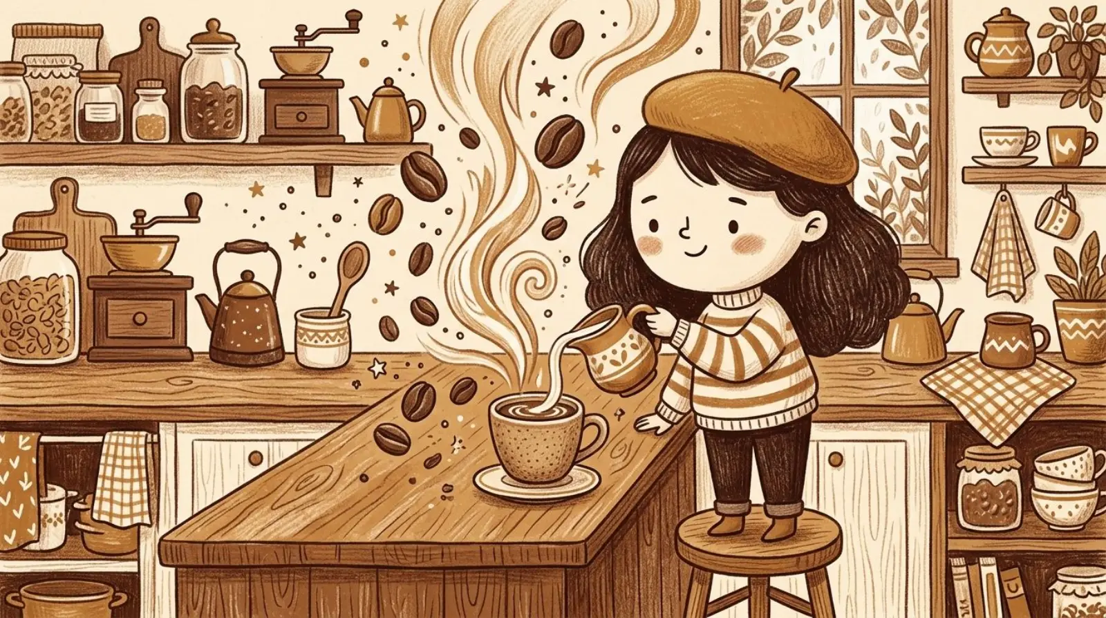 Illustration of a girl in a caramel beret pouring a swirl of cream from a small pitcher into a mug of coffee
