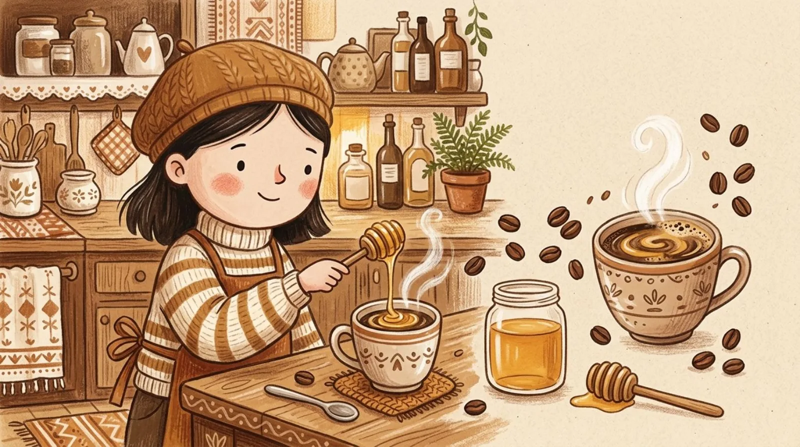 Illustration of a girl in a caramel beret drizzling honey into a mug of coffee beside a honey dipper and jar