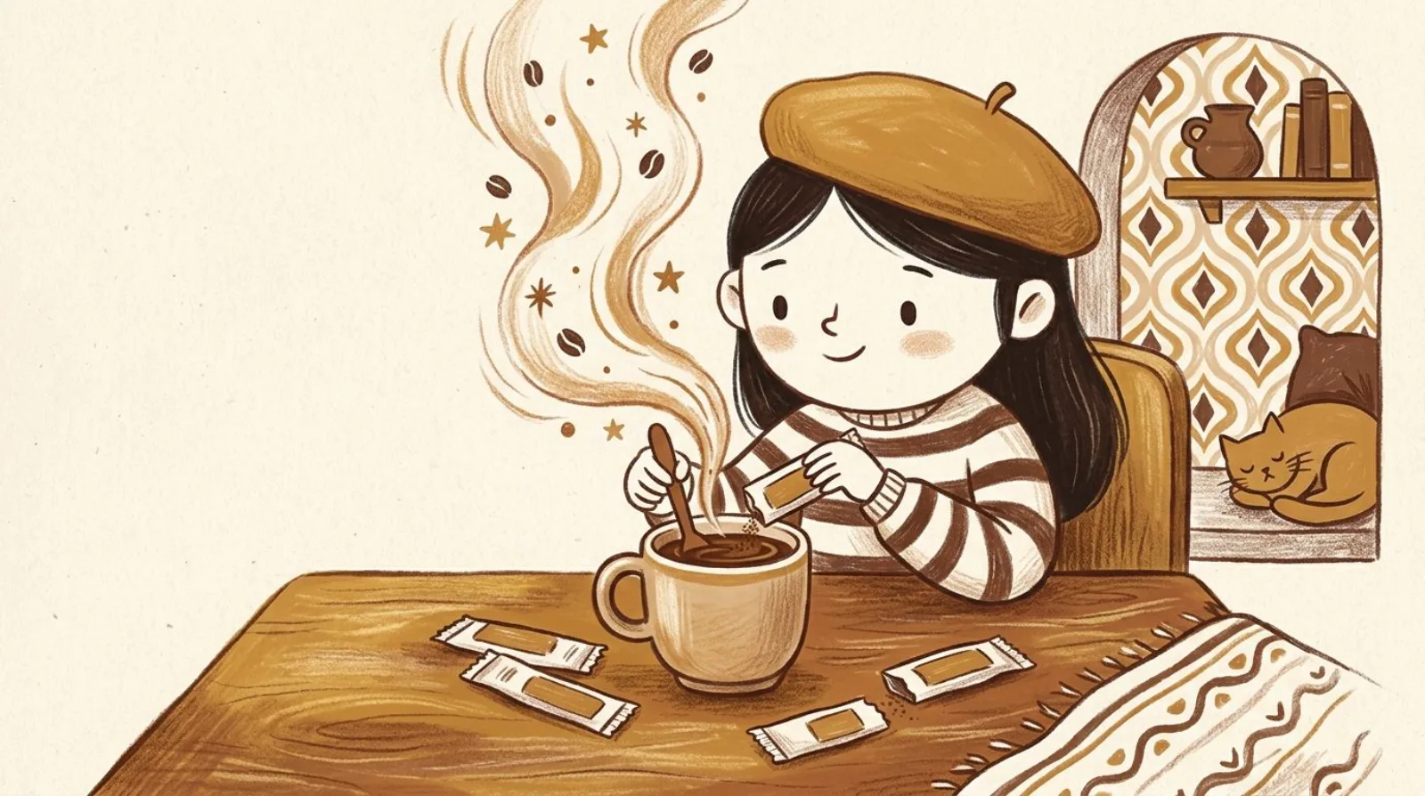 Illustration of a girl in a caramel beret stirring an instant coffee packet into a steaming mug