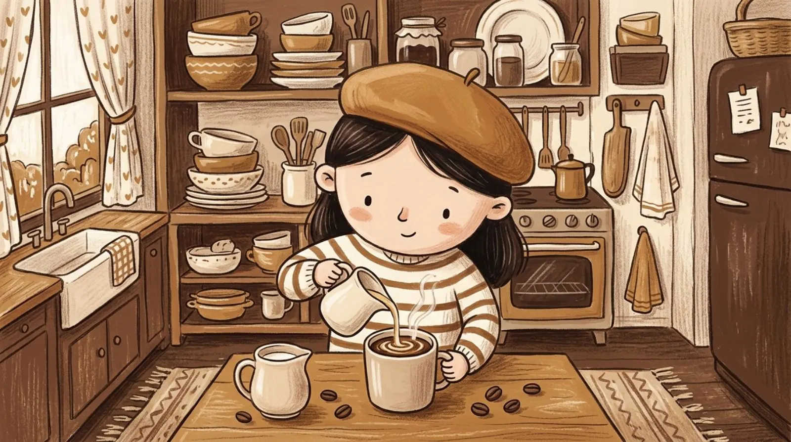 Illustration of a girl in a caramel beret pouring cream into a steaming mug of coffee in a cozy kitchen