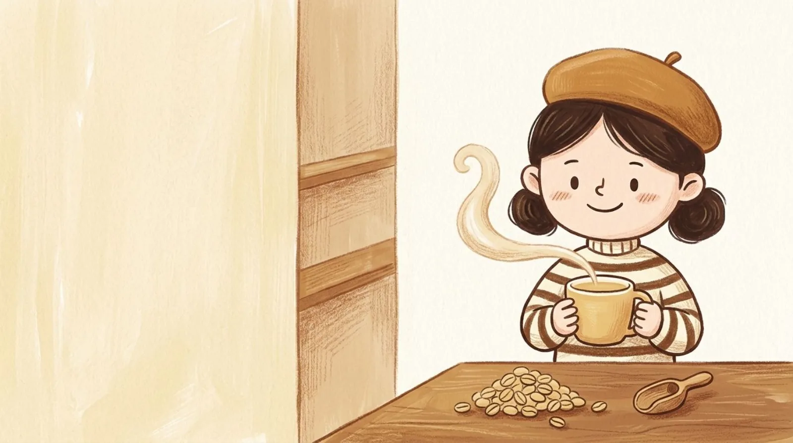 Illustration of a girl in a caramel beret holding a mug of light roast coffee beside a wooden scoop of pale coffee beans