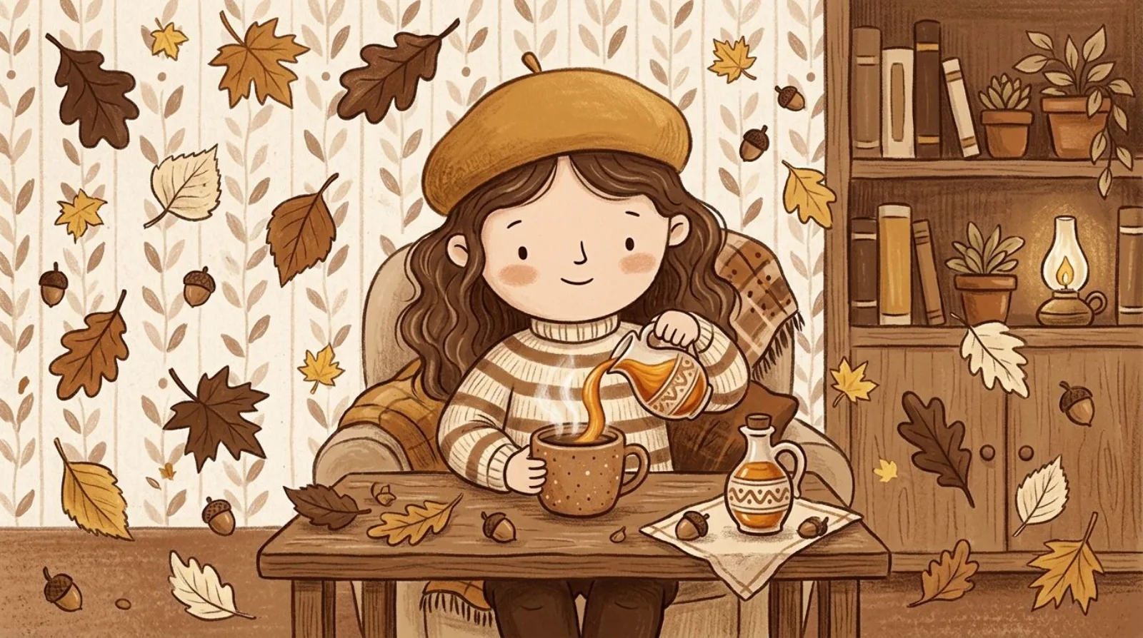 Illustration of a girl in a caramel beret pouring maple syrup drizzle over a steaming mug of coffee