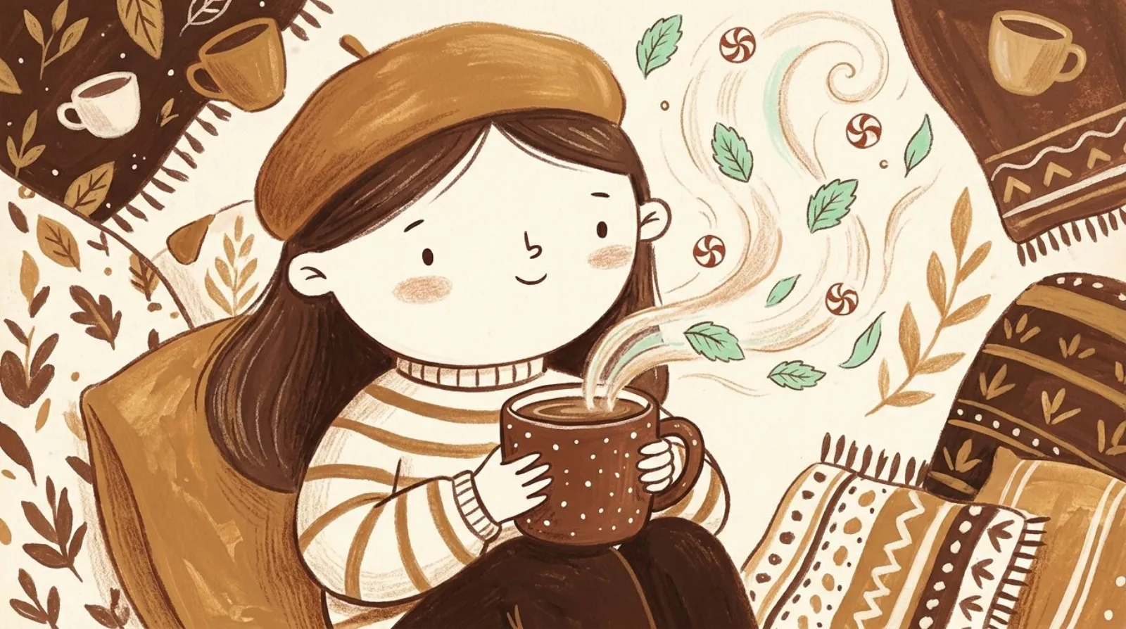 Illustration of a girl in a caramel beret enjoying mint flavored coffee beside peppermint candy canes