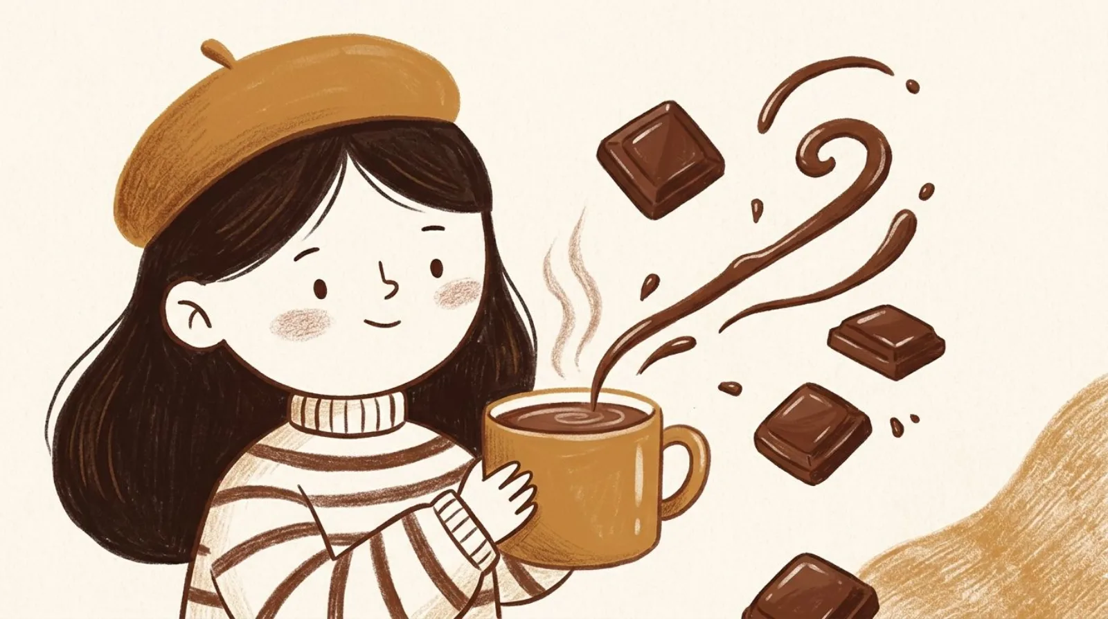 Illustration of a girl in a caramel beret holding a steaming mug of coffee with chocolate squares and a cocoa swirl