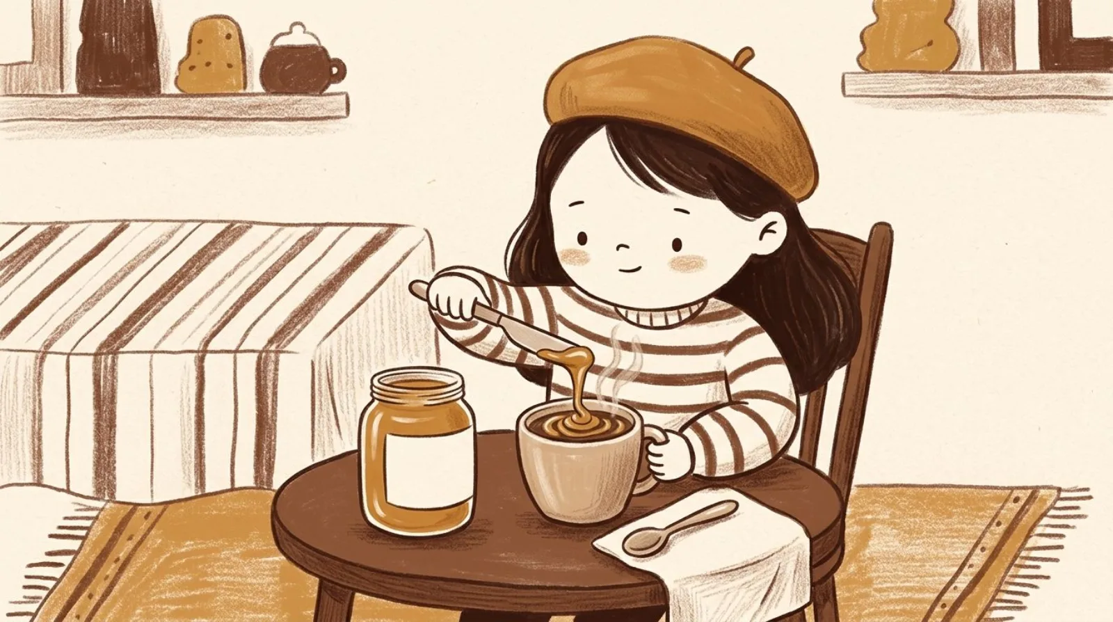 Illustration of a girl in a caramel beret drizzling peanut butter into a mug of coffee