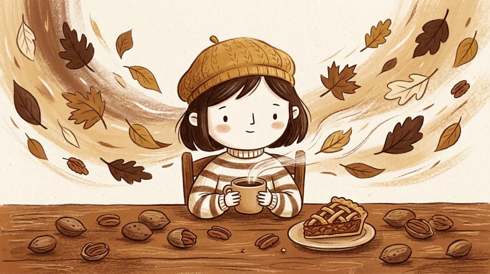 Illustration of a girl in a caramel beret enjoying pecan flavored coffee among autumn leaves