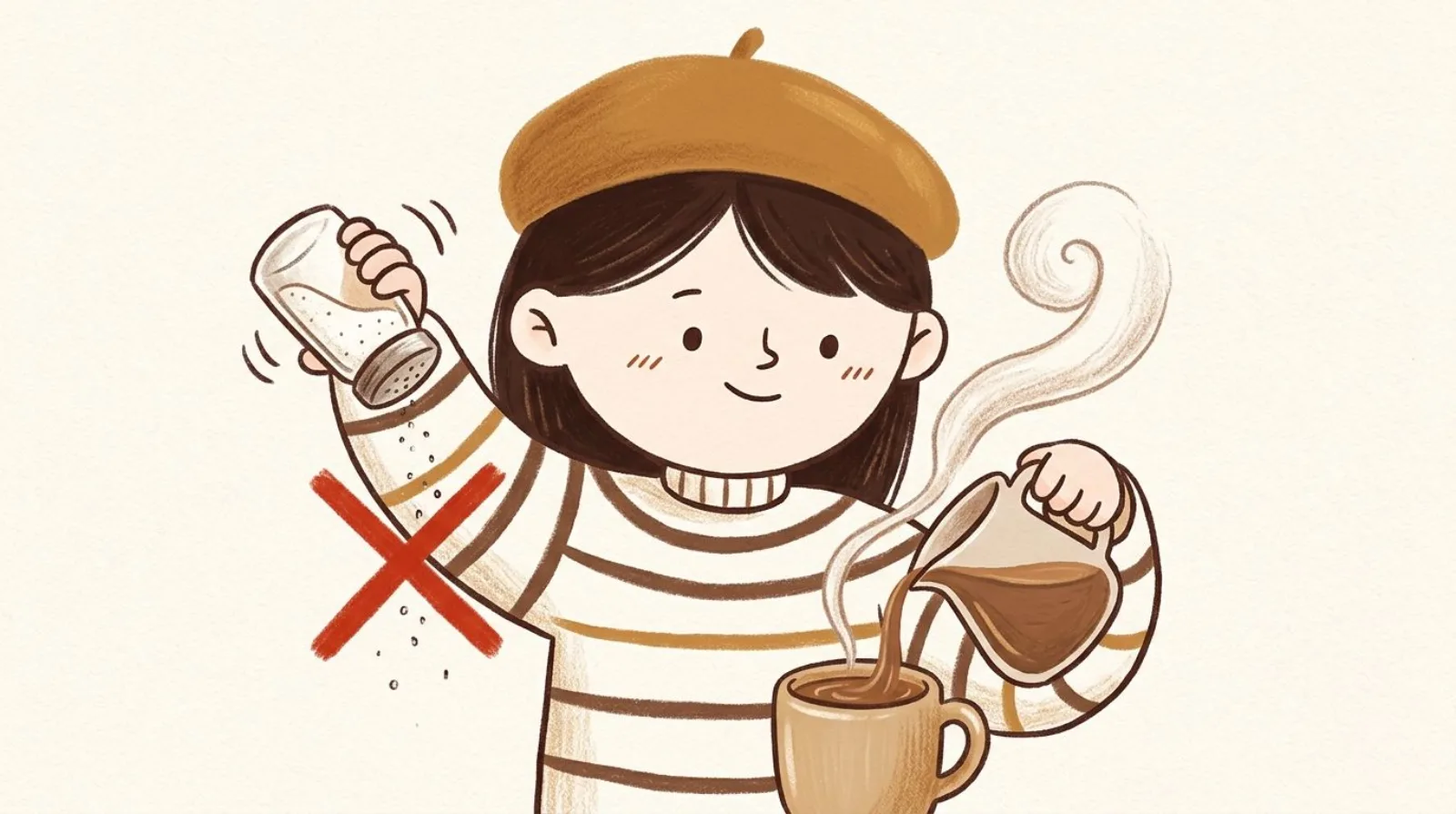 Illustration of a girl in a caramel beret crossing out sugar while pouring flavored coffee