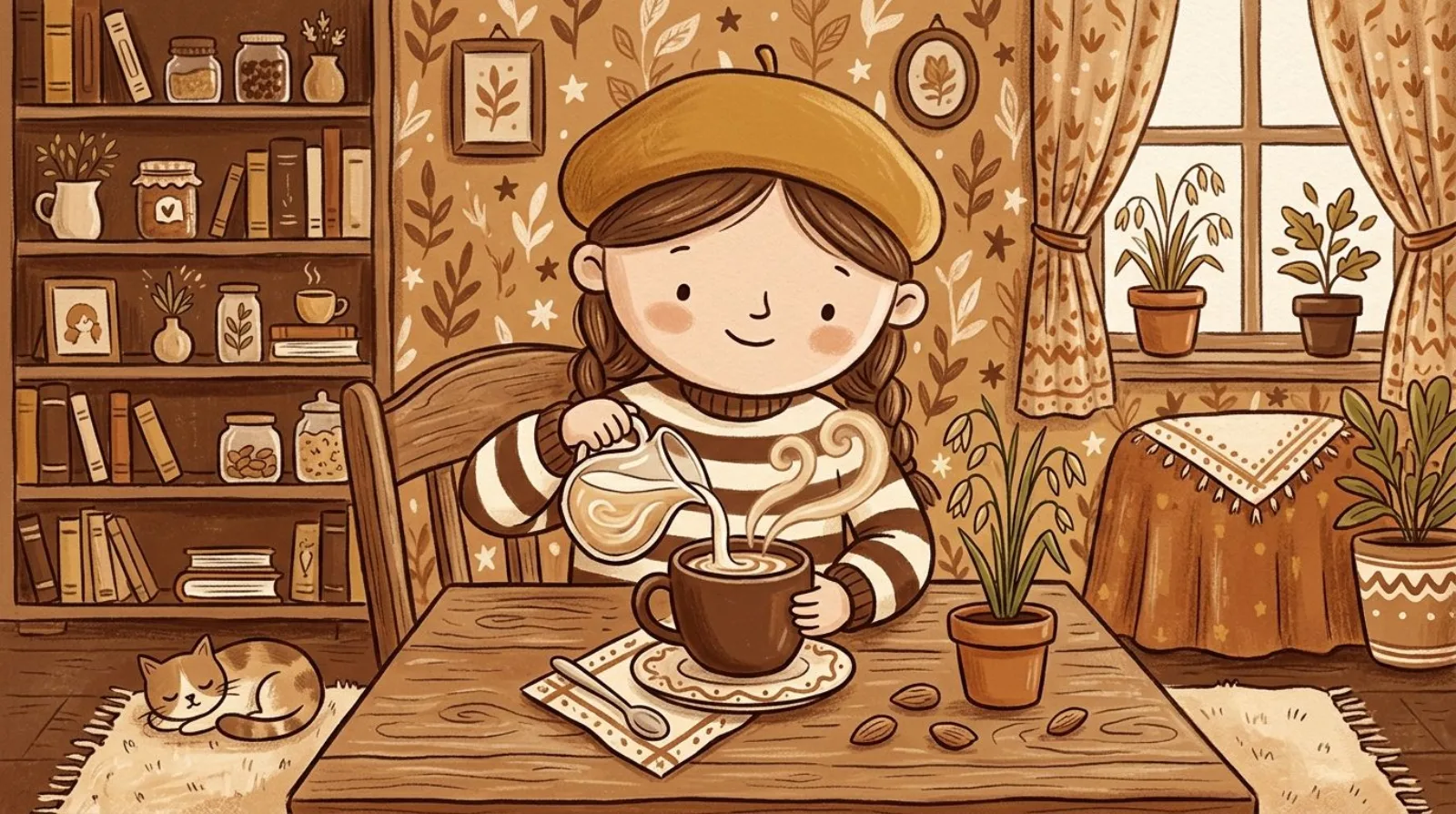 Illustration of a girl in a caramel beret pouring creamer into a mug of coffee beside oats and almonds