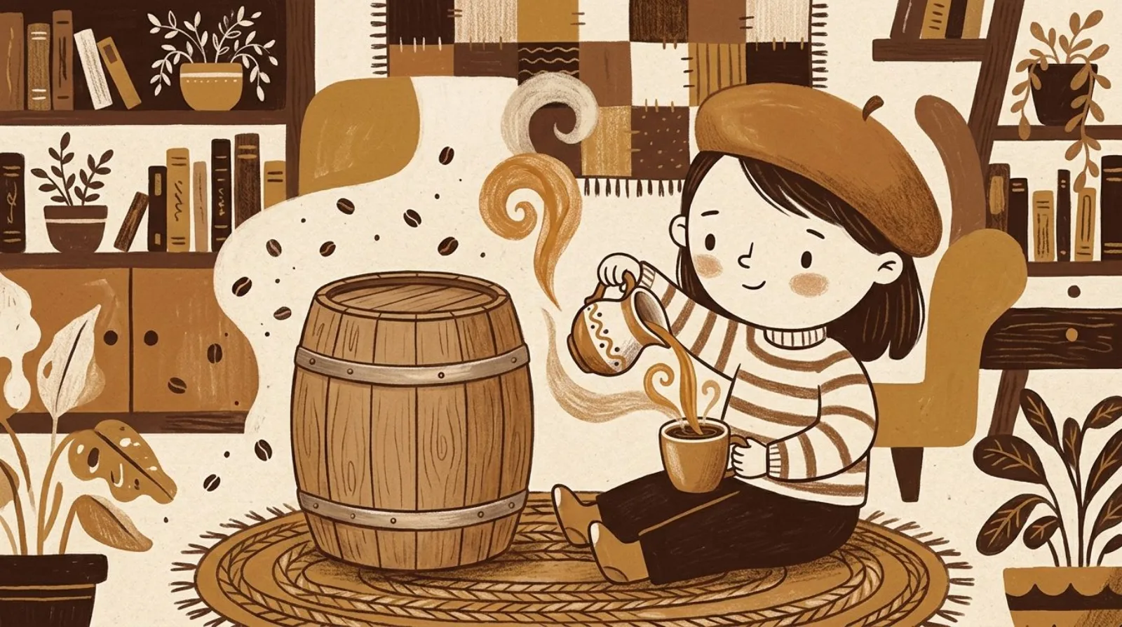 Illustration of a girl in a caramel beret pouring flavoring into a mug of coffee beside a wooden whiskey barrel