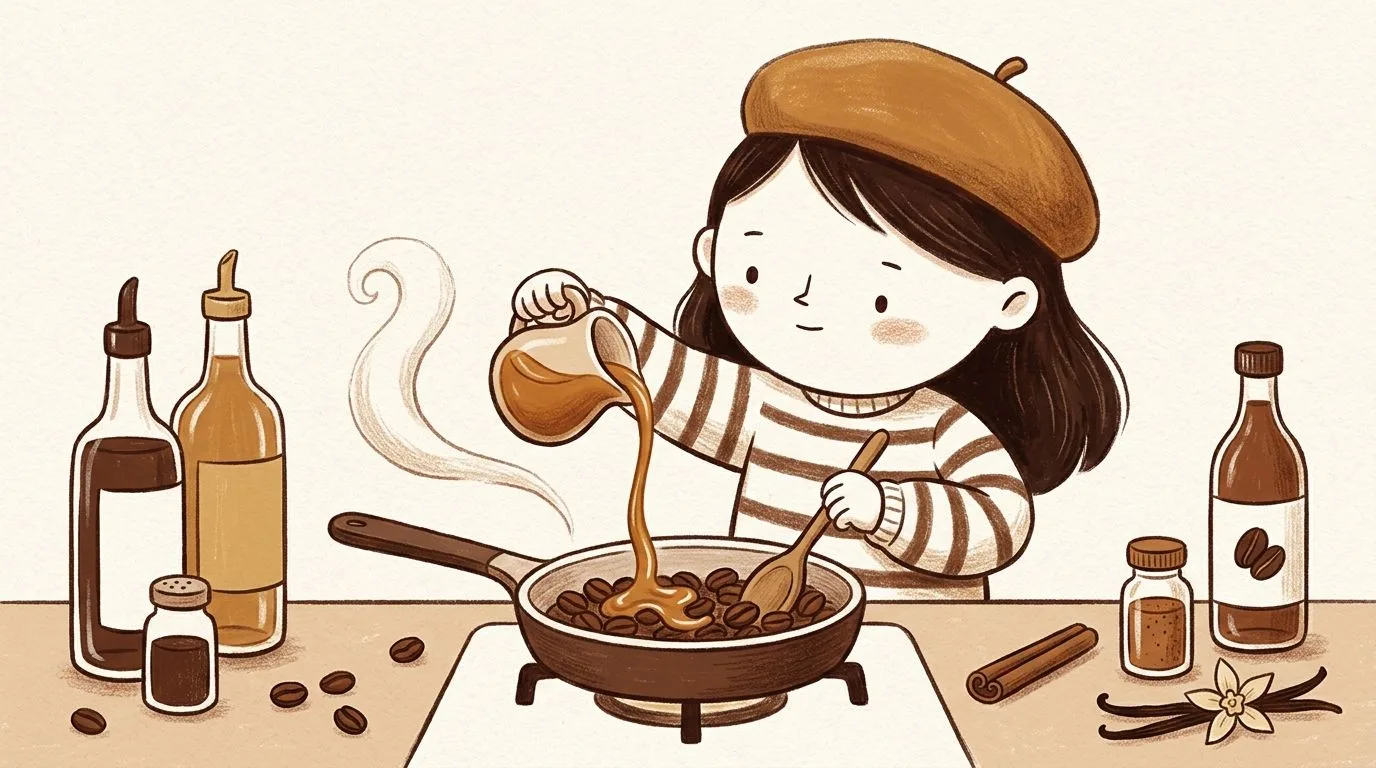 Illustration of a girl in a caramel beret pouring caramel drizzle over coffee beans in a pan, with syrup bottles and spice jars around her
