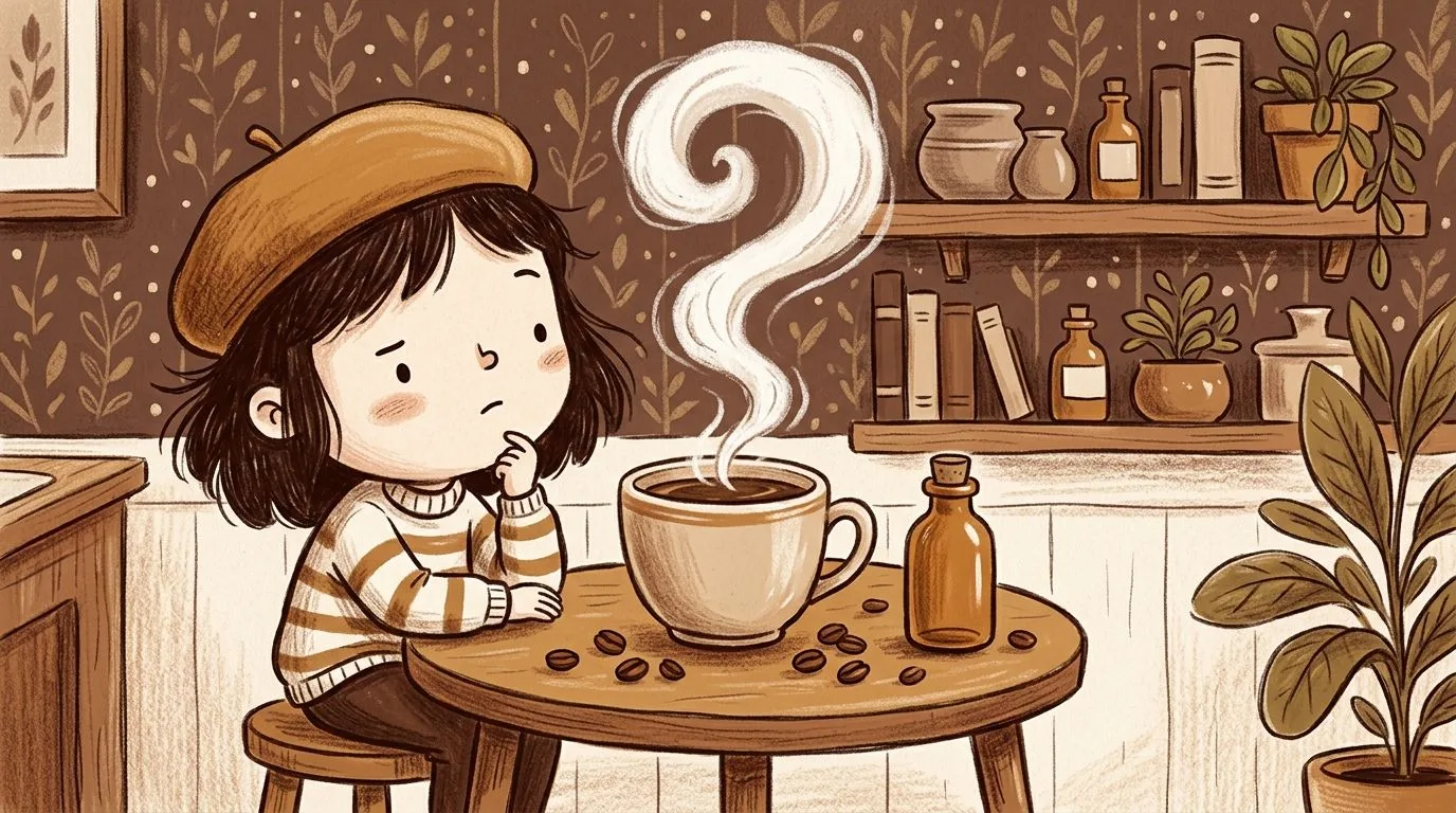 Illustration of a girl in a caramel beret pondering over a mug whose steam curls into a question mark