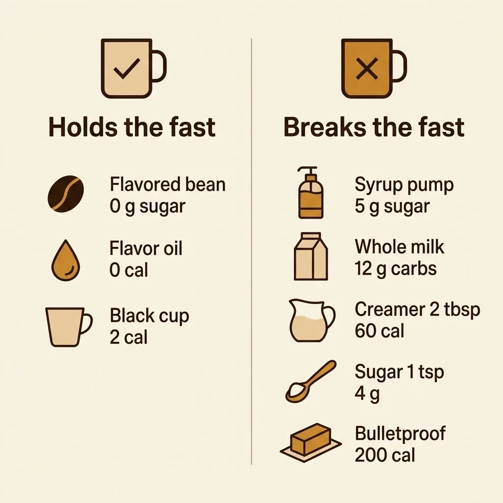 Two column chart showing flavored bean, flavor oil and a black cup holding a fast, against syrup, whole milk, creamer, sugar and bulletproof coffee breaking it