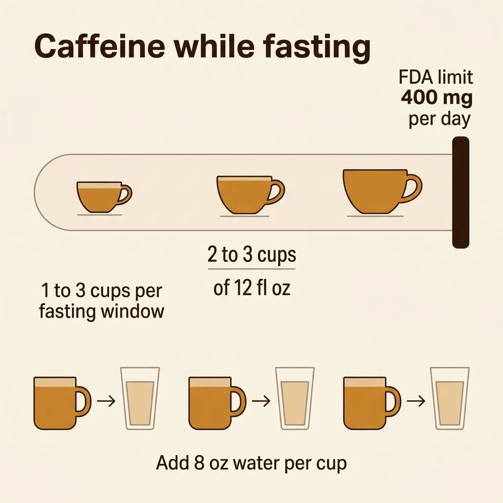 Dosage scale showing 1 to 3 cups per fasting window under the FDA 400 milligram daily limit, with 8 ounces of water paired to each cup