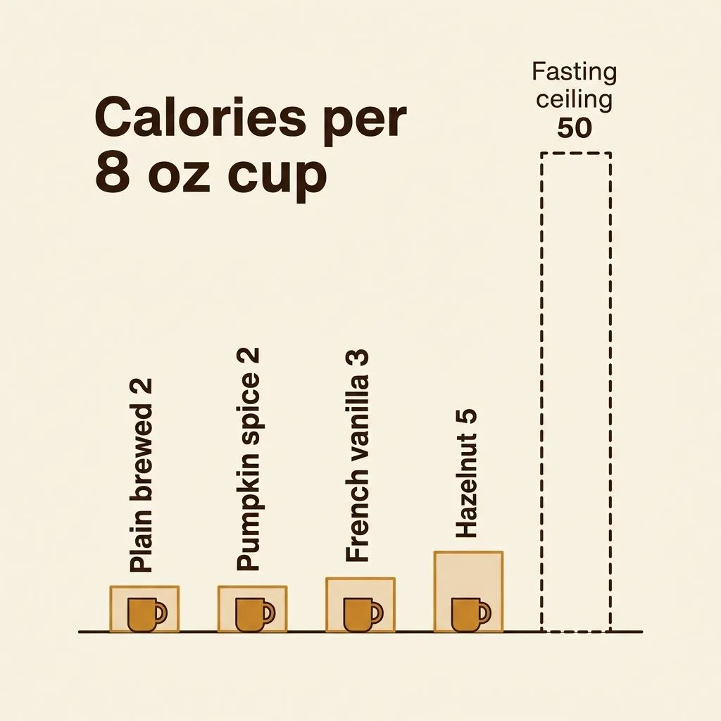 Bar chart comparing calories per 8 ounce cup: plain brewed 2, pumpkin spice 2, French vanilla 3, hazelnut 5, against a 50 calorie fasting ceiling