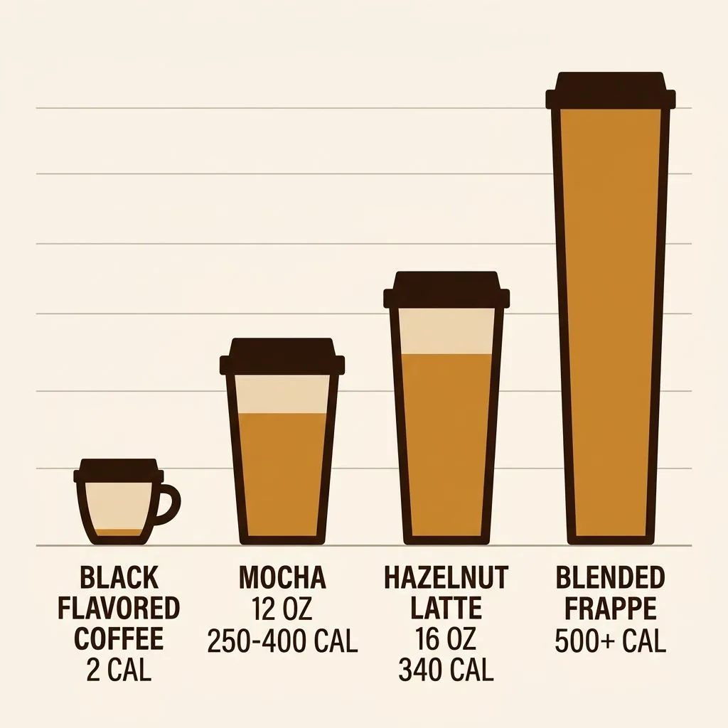 Bar chart of coffee drink calories: black flavored coffee 2 calories, 12 oz mocha 250 to 400, 16 oz hazelnut latte 340, blended frappe over 500