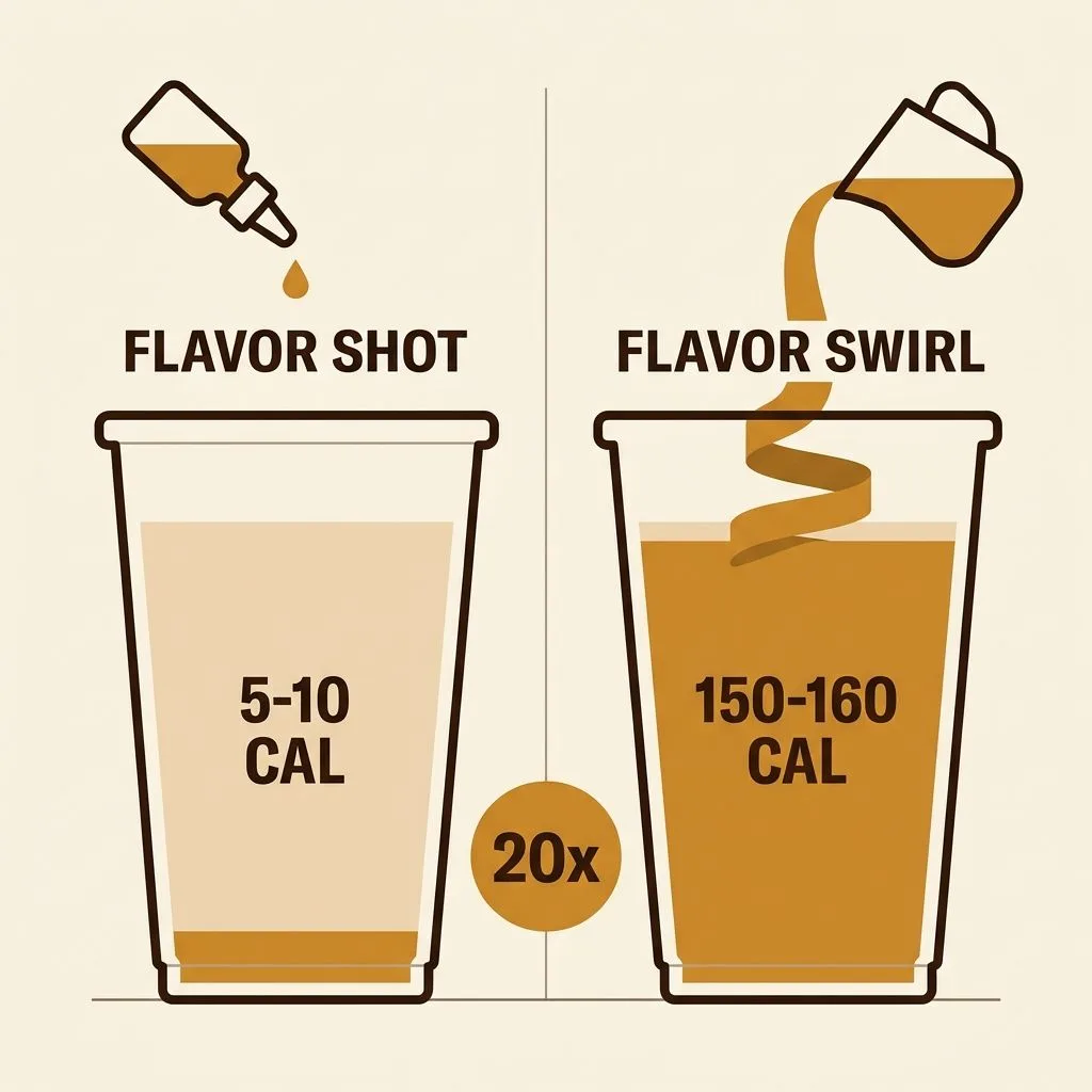 Two Dunkin cups compared: a flavor shot adding 5 to 10 calories versus a flavor swirl adding 150 to 160 calories, a twentyfold difference
