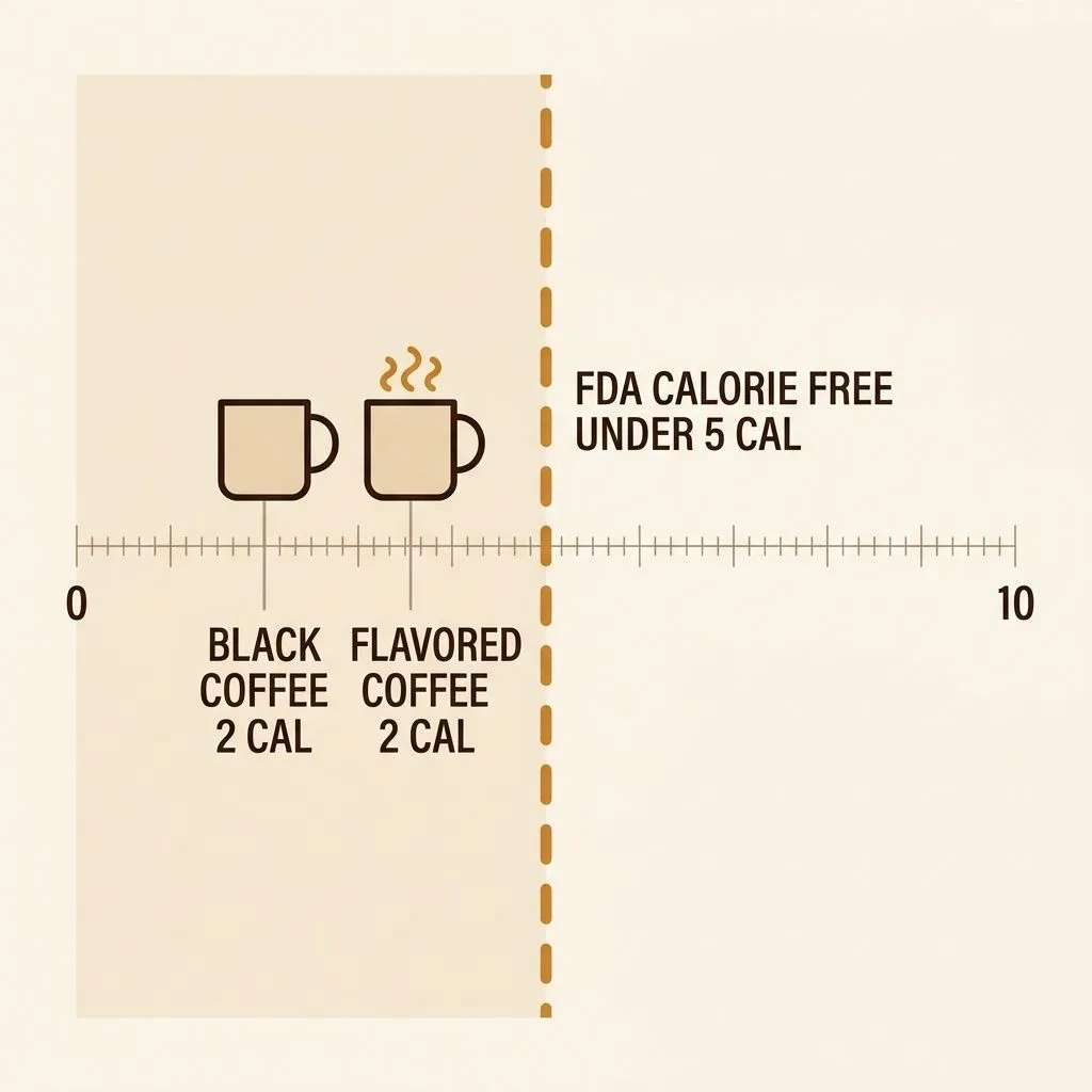Calorie number line showing black coffee and flavored coffee both at 2 calories, below the FDA calorie free threshold of 5 calories