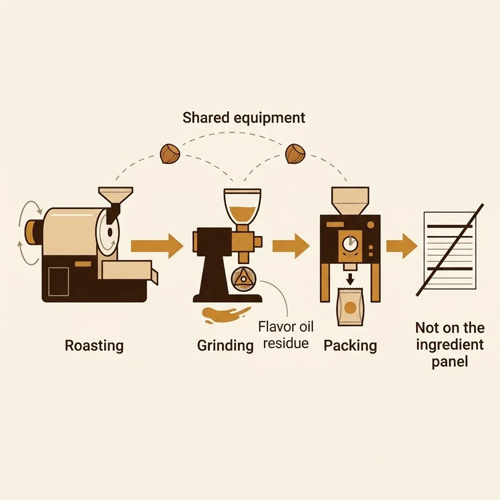 Diagram of cross-contact routes along a coffee line, with hazelnut traces moving between shared roasting, grinding and packing equipment, flavor oil residue in the grinder, and a crossed-out ingredient panel