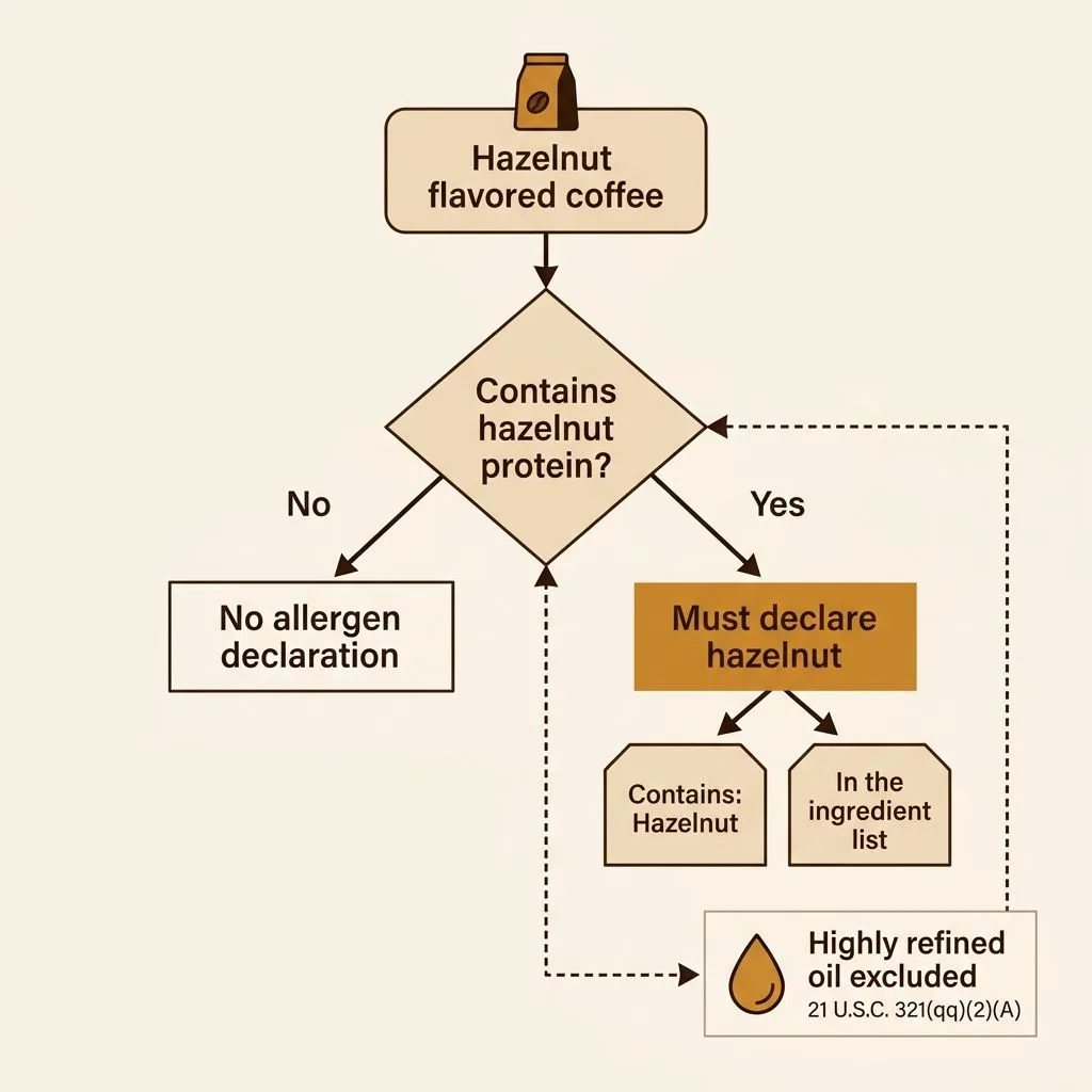 Decision tree showing that hazelnut flavored coffee containing hazelnut protein must declare hazelnut, either as a Contains: Hazelnut line or inside the ingredient list, with highly refined oil excluded under 21 U.S.C. 321(qq)(2)(A)
