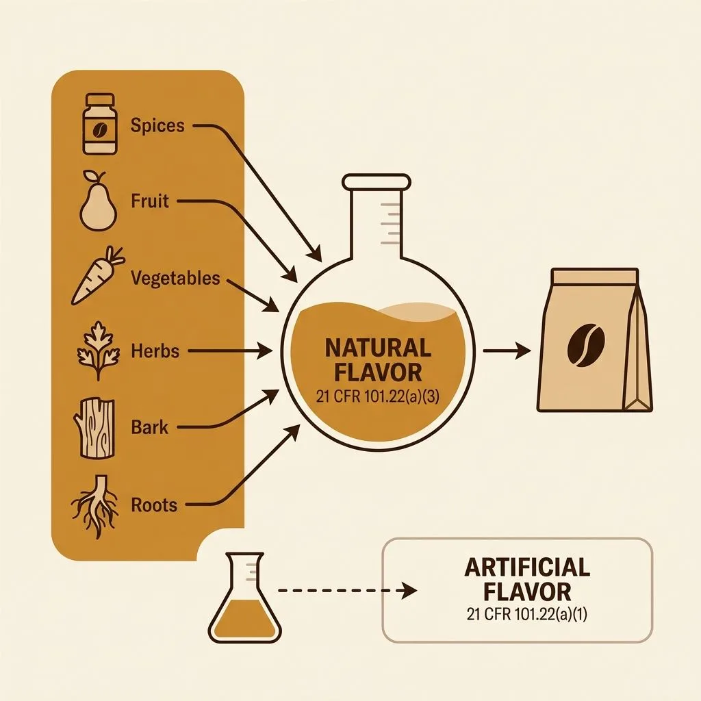 Diagram of the qualifying natural flavor sources under 21 CFR 101.22(a)(3), spices, fruit, vegetables, herbs, bark and roots, feeding a flavor flask and a coffee bag, with artificial flavor under 21 CFR 101.22(a)(1) shown separately