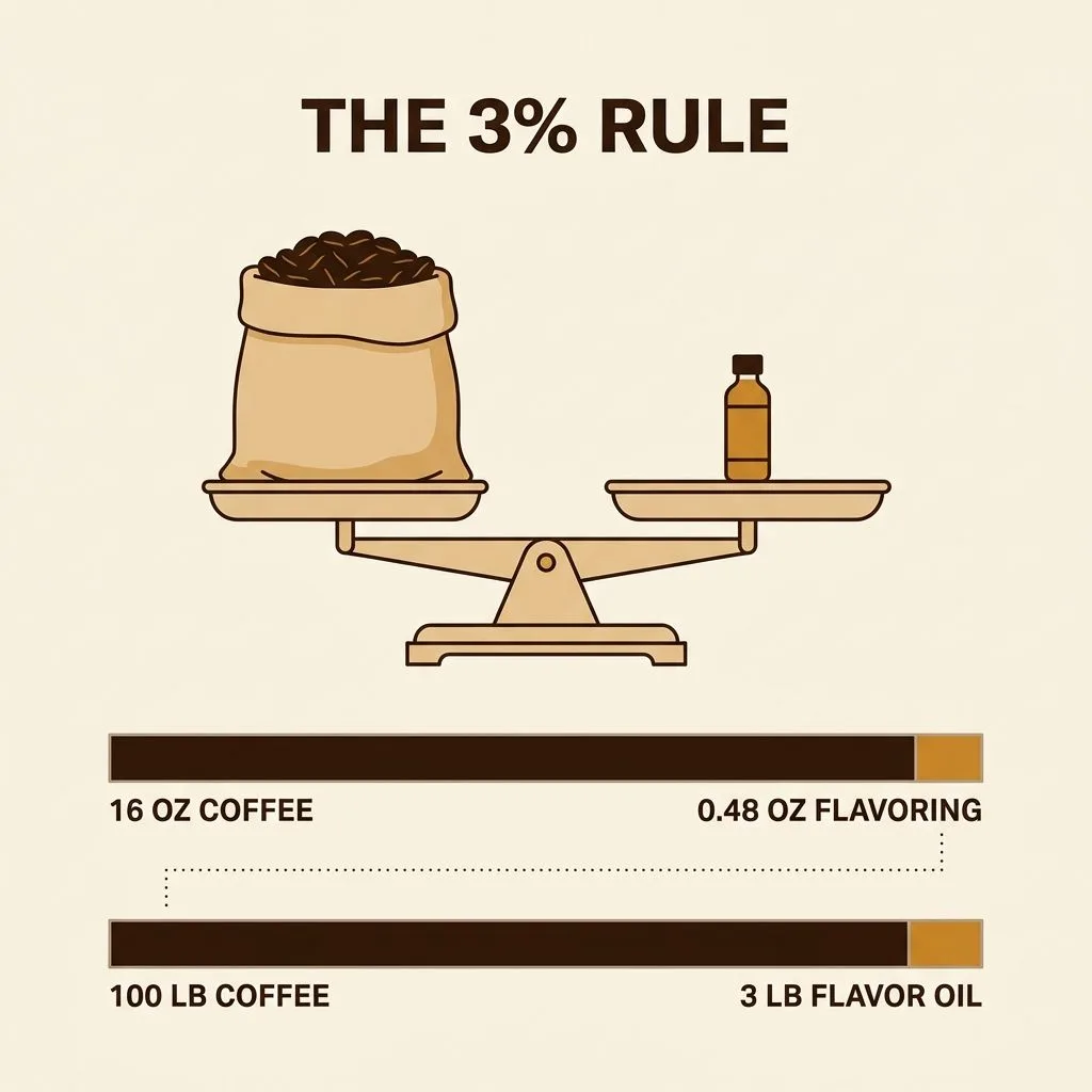 Balance-scale diagram of the 3 percent rule showing 0.48 ounces of flavoring for 16 ounces of coffee and 3 pounds of flavor oil for 100 pounds of coffee