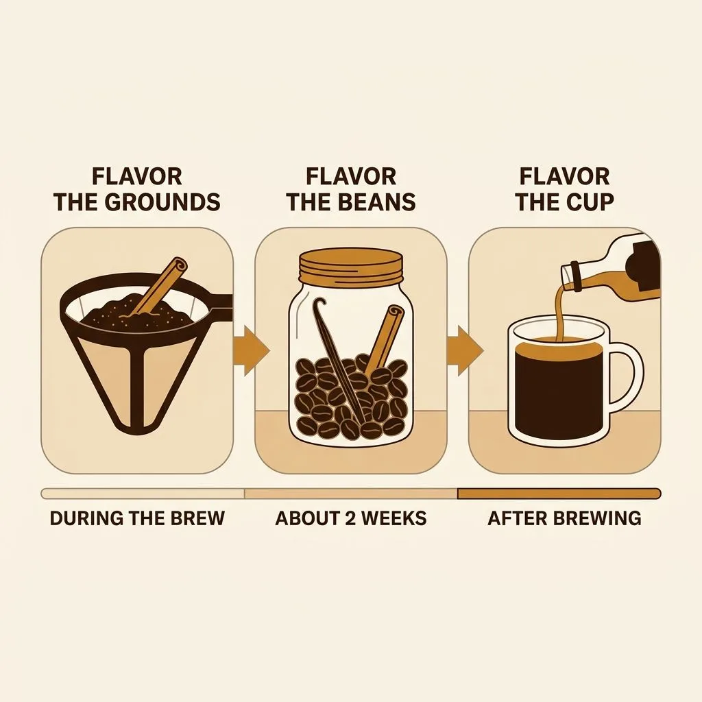 Three-step flow of the home flavoring routes: flavor the grounds during the brew, flavor the beans over about 2 weeks, flavor the cup after brewing