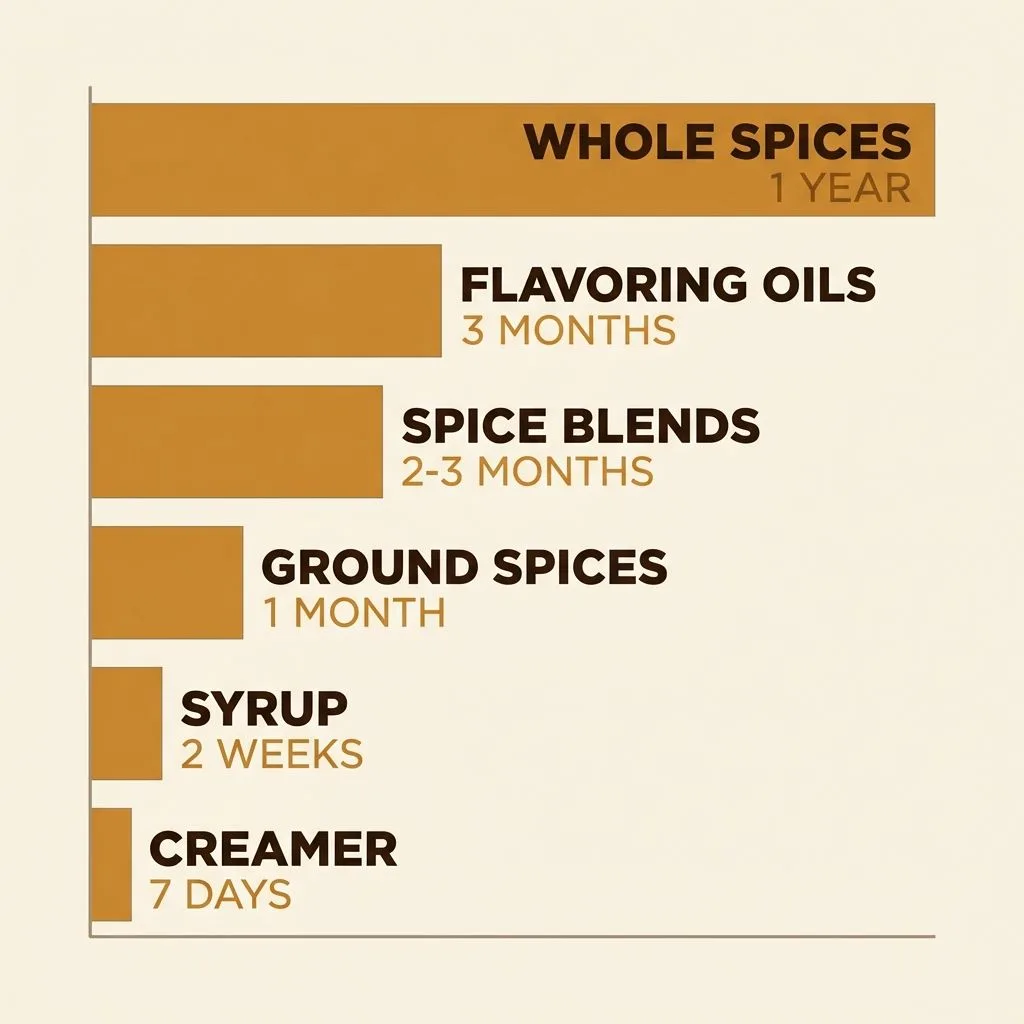 Bar chart of flavoring freshness windows: whole spices 1 year, flavoring oils 3 months, spice blends 2 to 3 months, ground spices 1 month, syrup 2 weeks, creamer 7 days