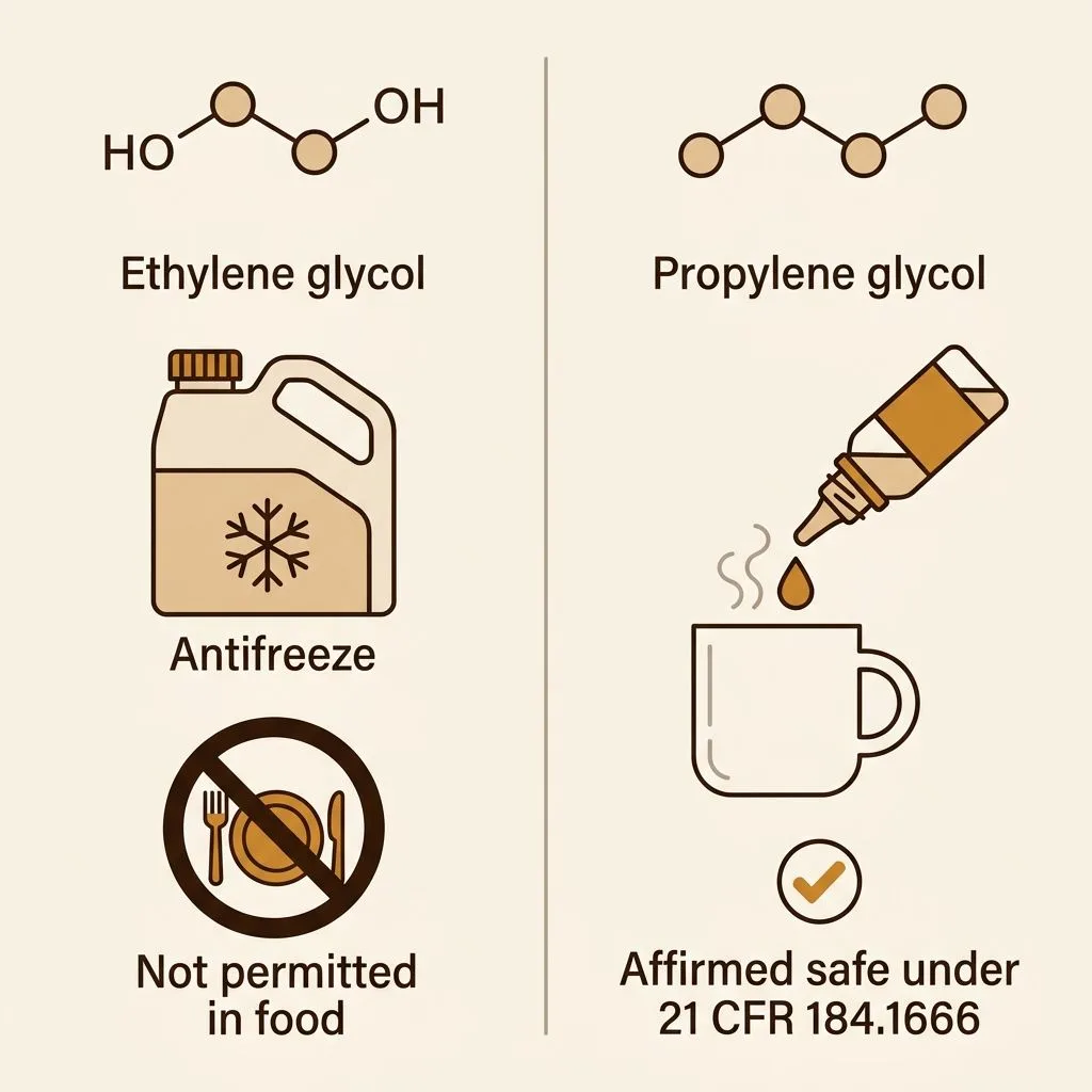 Side by side comparison of ethylene glycol, the antifreeze not permitted in food, against propylene glycol, affirmed safe for food under 21 CFR 184.1666