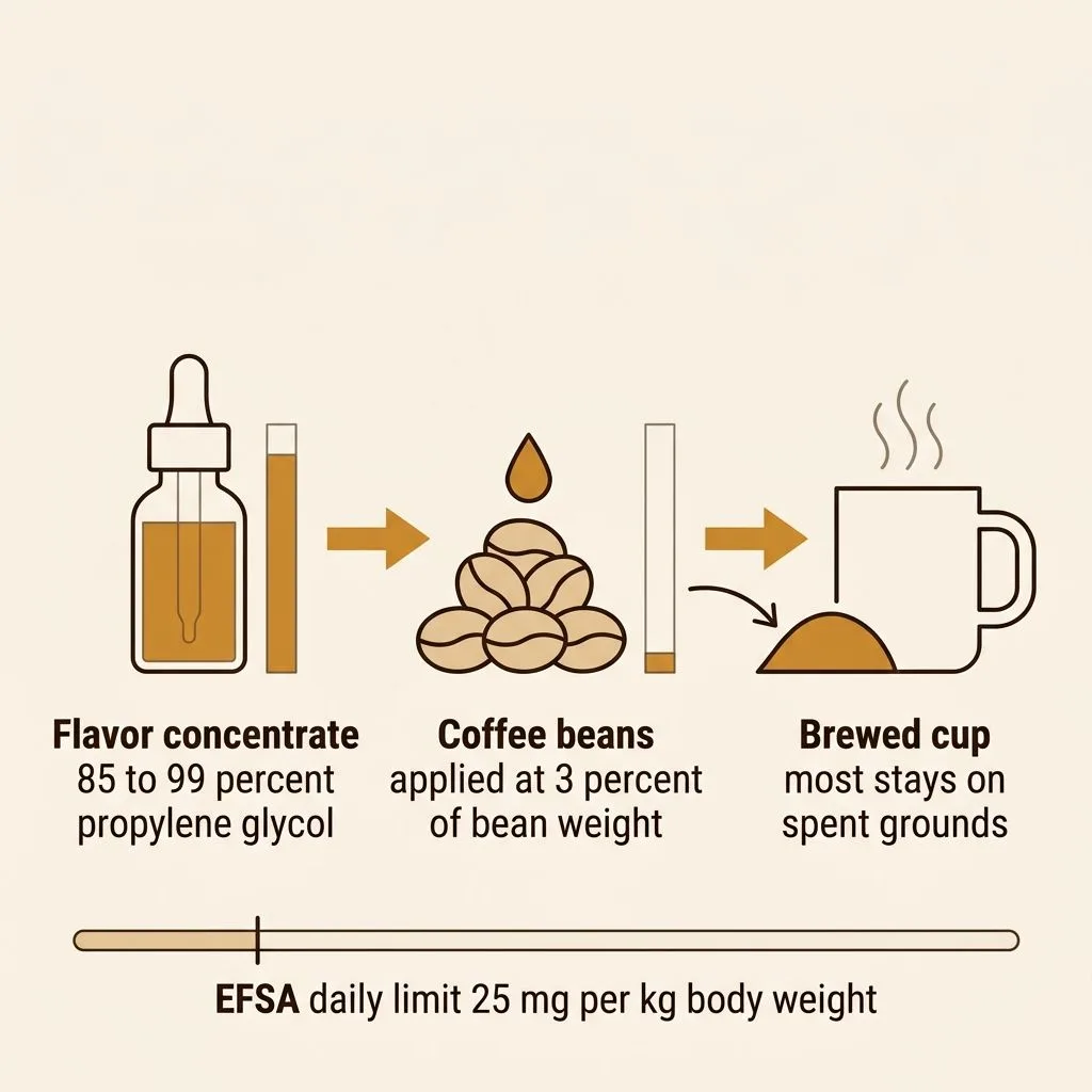 Flow diagram showing flavor concentrate at 85 to 99 percent propylene glycol applied at 3 percent of bean weight, with most staying on the spent grounds, against the EFSA daily limit of 25 mg per kg body weight