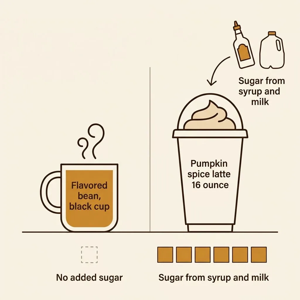 Comparison of a black flavored-bean coffee with no added sugar against a 16 ounce pumpkin spice latte whose sugar comes from syrup and milk