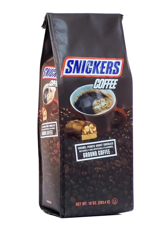 Snickers Ground Coffee bag, caramel peanut chocolate flavored medium roast